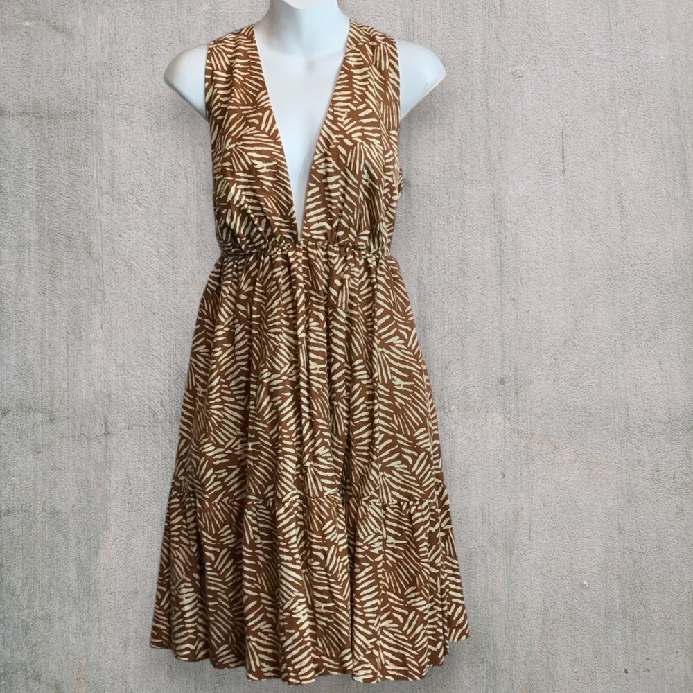 House of Harlow 1960 Linen Blend Zebra Print Dress Size S Plunging Open Tie Back